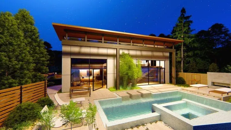 Piscine semi-enterrée devant une maison d'architecte moderne