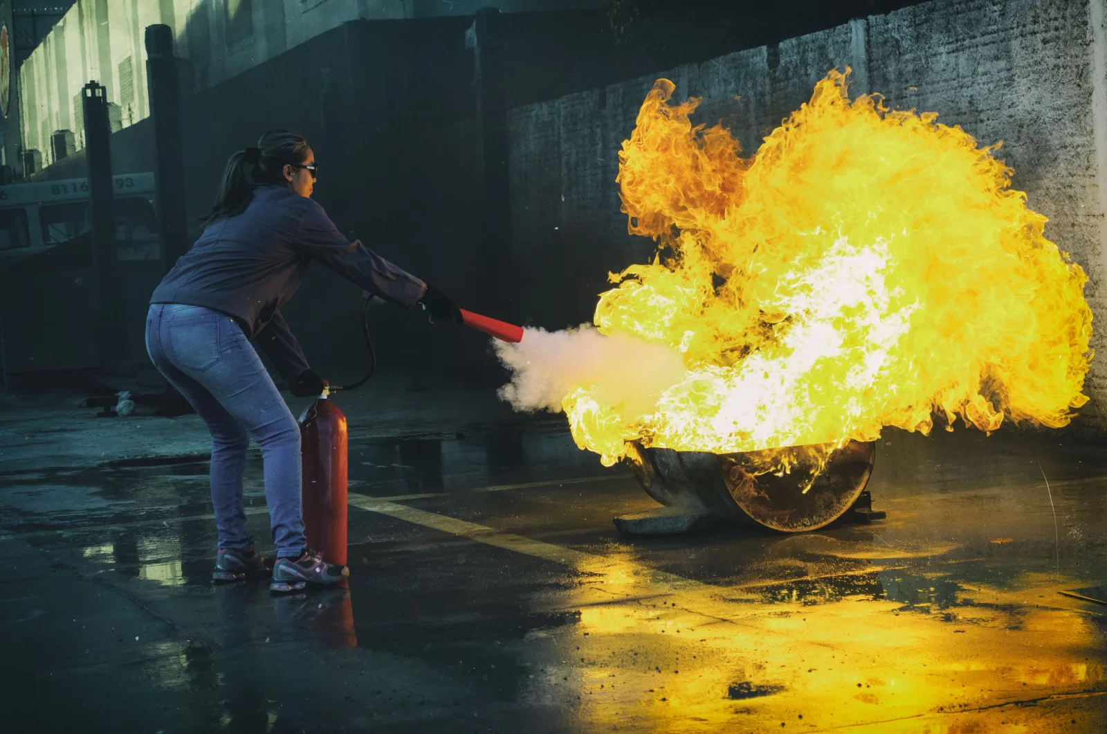 Extincteur rouge fixé au mur, prêt à l'emploi en cas de départ de feu