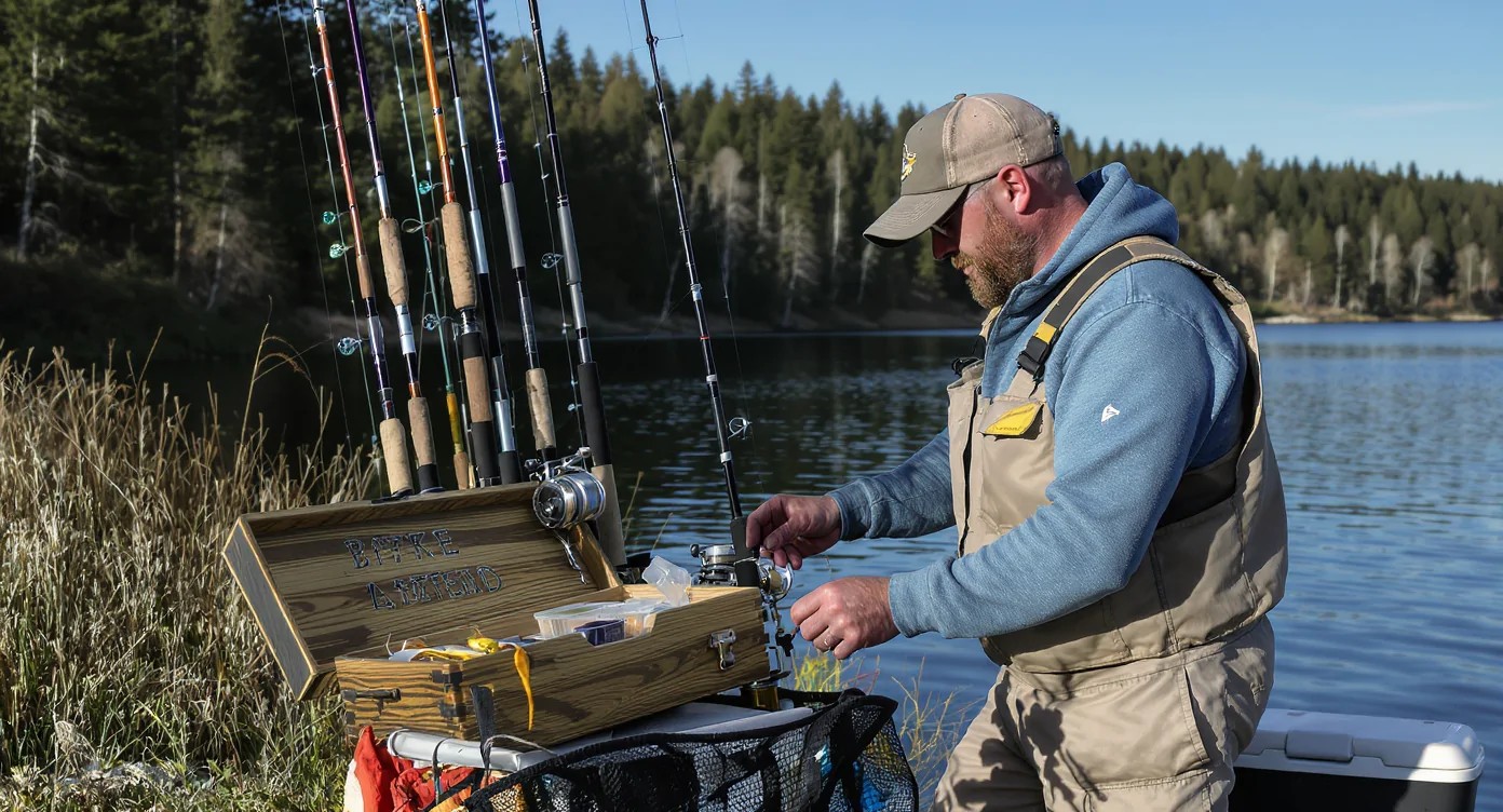 Accessoires de pêche variés sur une table en plein air